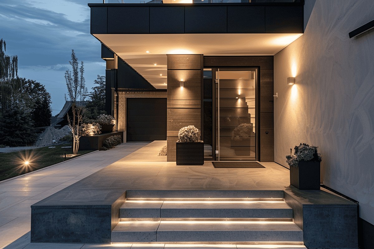 Illuminated modern residential entryway at dusk with architectural step lighting and secure entry
