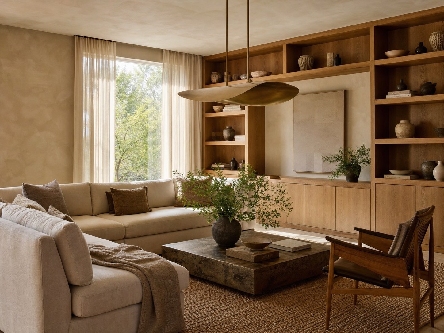 Warm contemporary living room interior with custom oak shelving and plaster walls