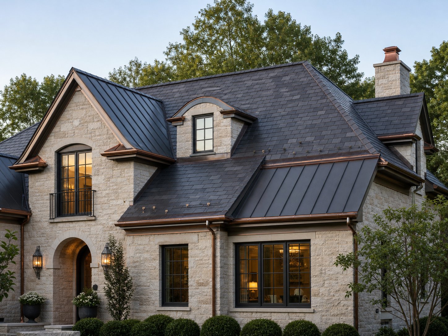 Architectural dark slate and standing-seam metal residential roof upgrade