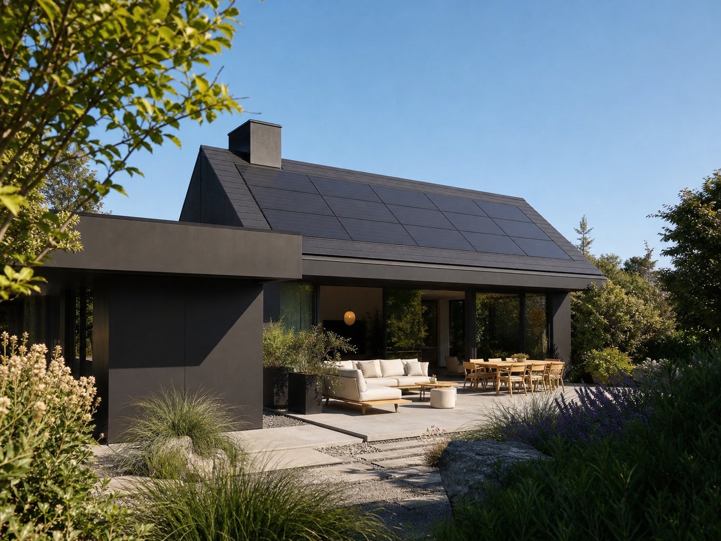 Flush-mounted all-black residential solar array integrated on a contemporary roofline